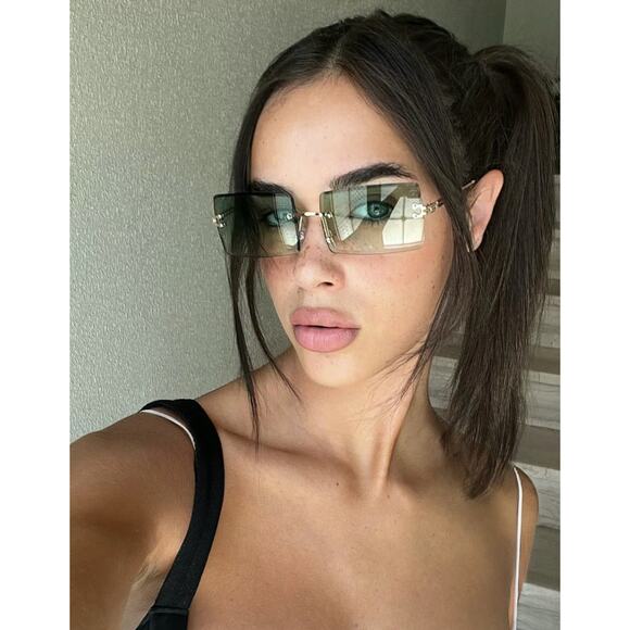 Unisex Rectangular Rimless Green|Blue Tinted  Gold Frame Fashion Sunglasses NEW - Picture 3 of 6